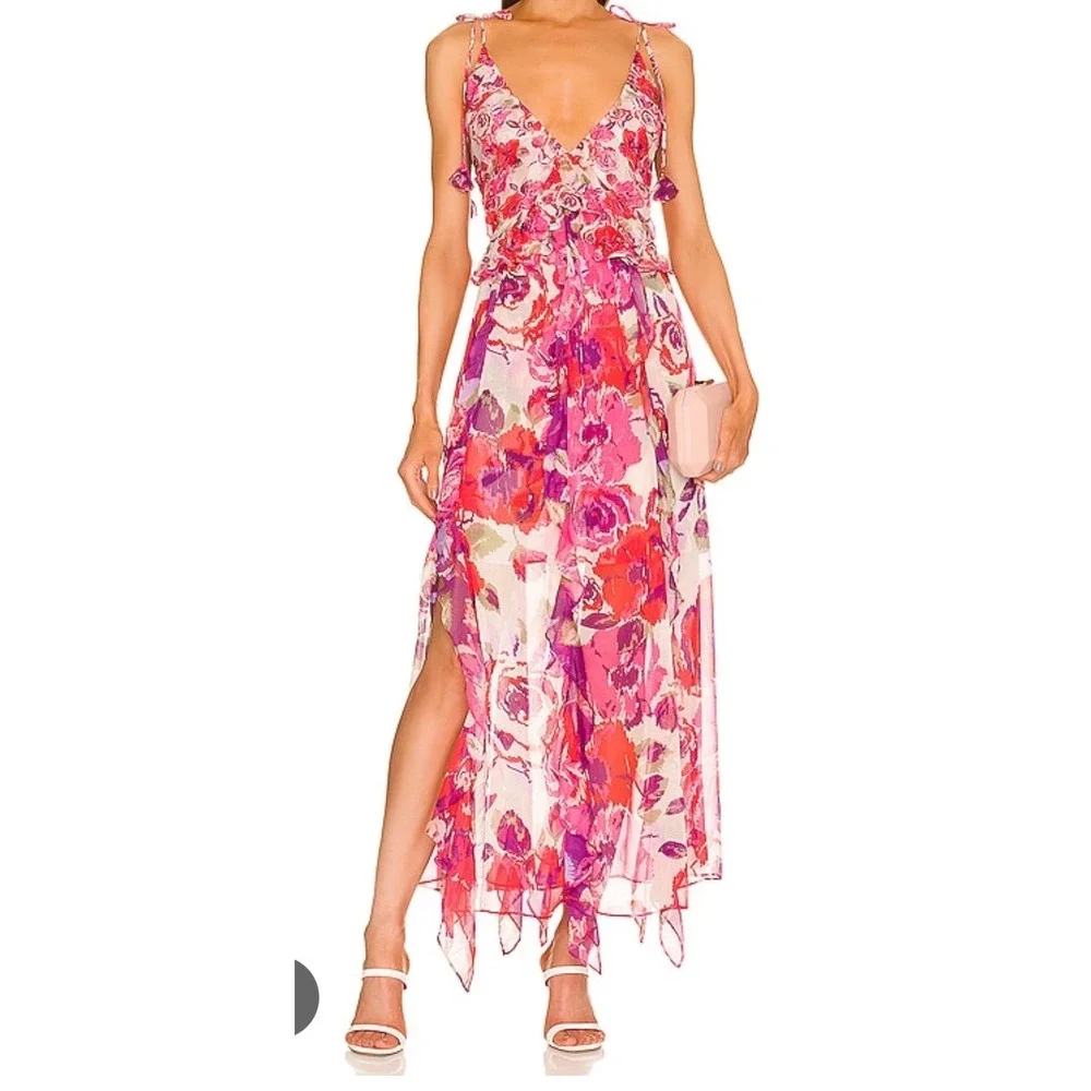 MISA Los Angeles Pink Red Diana Floral Ruffle Maxi Dress Size L Chiffon Boho A6